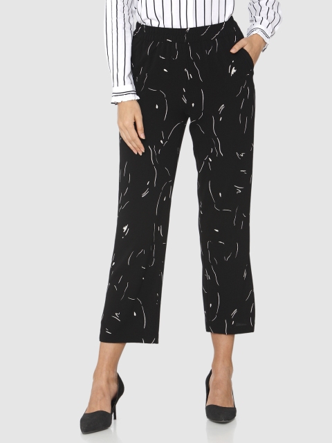 

Vero Moda Women Black & White Straight Fit Printed Cropped Regular Trousers