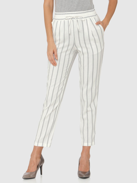

Vero Moda Women White & Blue Straight Fit Striped Regular Cropped Trousers