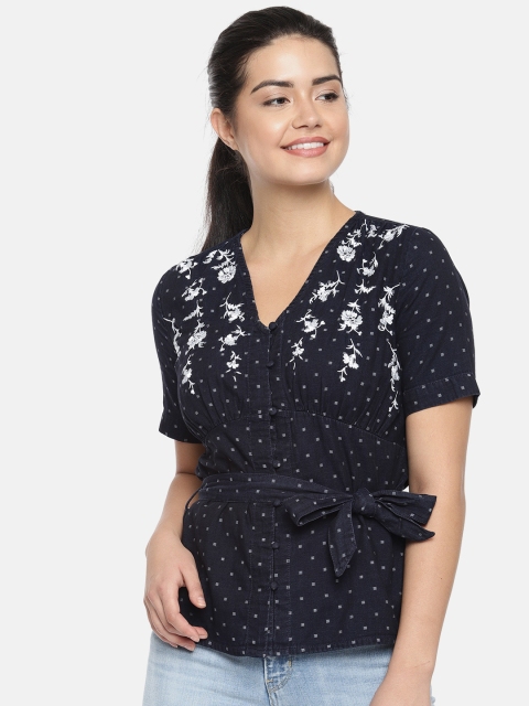 

Vero Moda Women Navy Blue Printed Cinched Waist Top