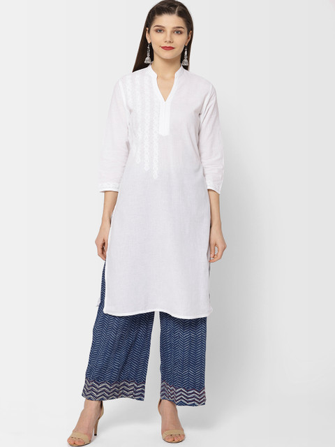 

Fabindia Women White Yoke Design Straight Kurta