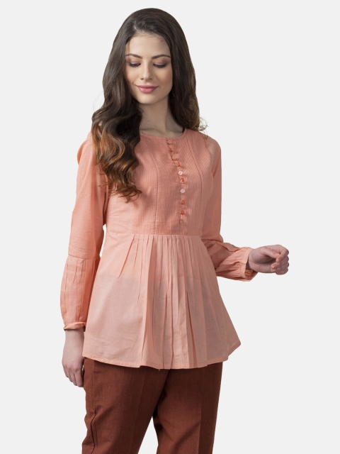 

Fabindia Women Peach-Coloured Solid A-Line Pure Cotton Top