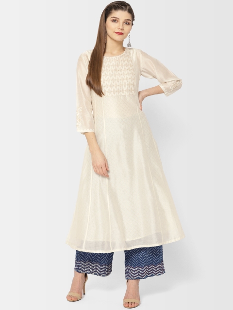 

Fabindia Women Off-White Chikankari Embroidered Slim Fit A-Line Kurta