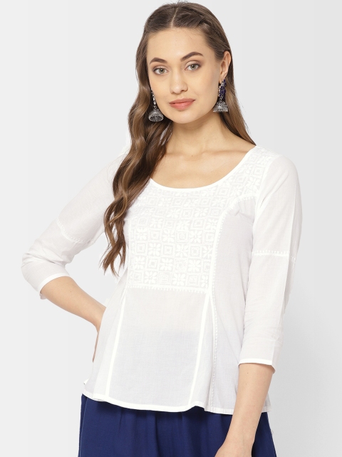 

Fabindia Women White Chikankari Embroidered A-Line Top
