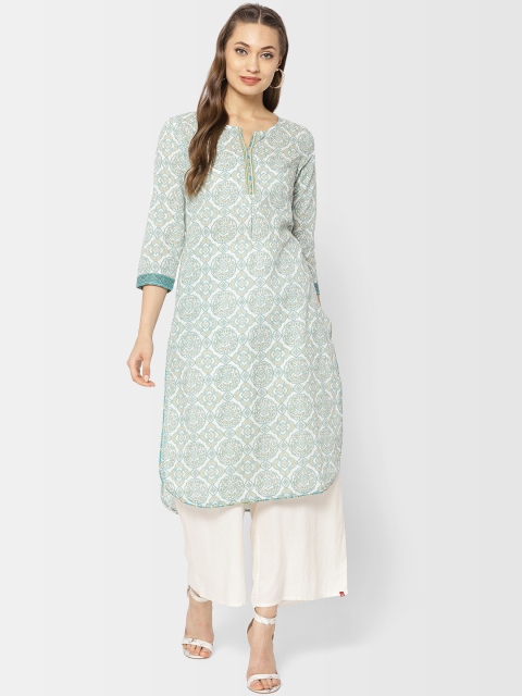 

Fabindia Women White & Blue Printed Straight Kurta