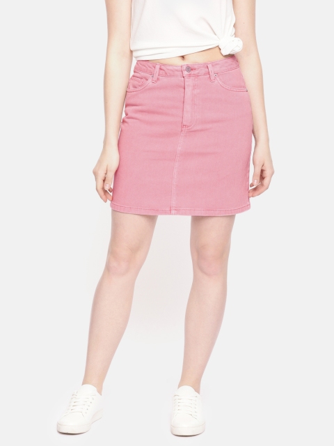 

Vero Moda Women Pink Solid Straight Denim Pure Cotton Skirt