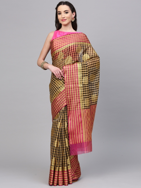 

Chhabra 555 Black & Beige Checked Woven Design Chanderi Saree