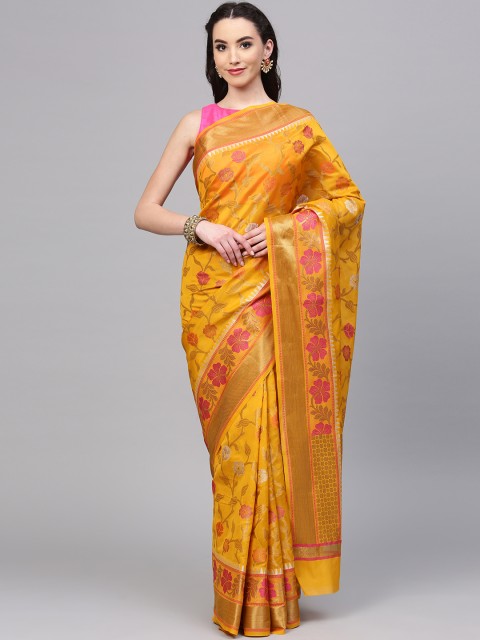 

Chhabra 555 Mustard & Gold-Toned Woven Design Chanderi Saree