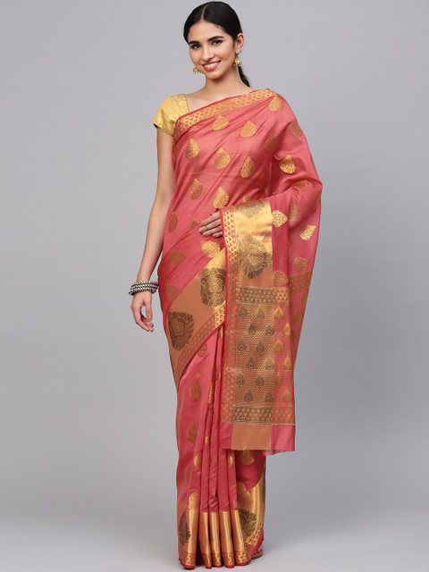 

Chhabra 555 Coral & Gold-Toned Woven Design Chanderi Handloom Saree