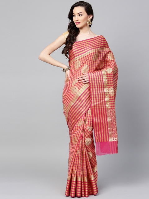 

Chhabra 555 Pink & Beige Checked Chanderi Saree