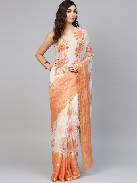 

Chhabra 555 Peach-Coloured & Off-White Poly Chiffon Printed Saree