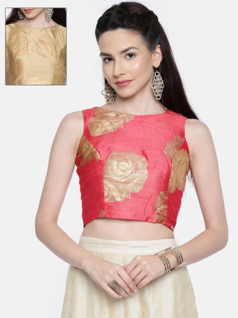 

Ira Soleil Women Gold-Coloured & Pink Reversible Printed Ethnic Crop Top
