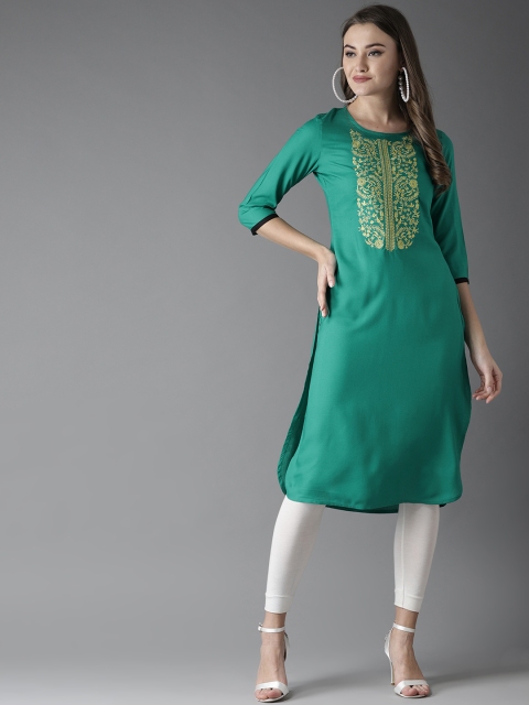 

Moda Rapido Women Green Yoke Design Straight Kurta