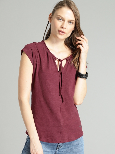 

Roadster Women Burgundy Solid Top with Tie-Up neck
