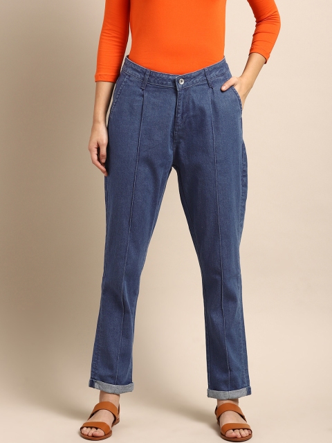 

ether Women Blue Relaxed Fit Mid-Rise Clean Look Stretchable Pleated Jeans