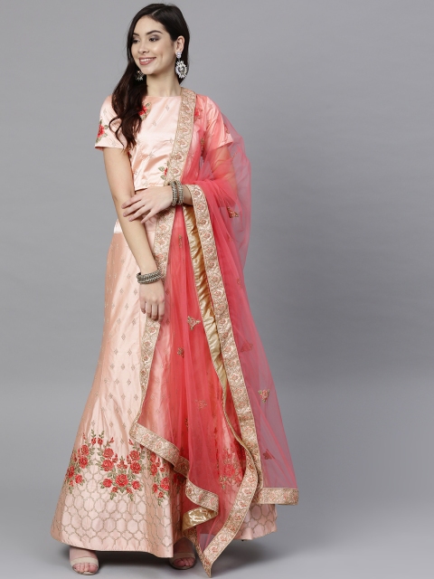 

Inddus Pink & Golden Embroidered Semi-Stitched Lehenga & Unstitched Blouse with Dupatta