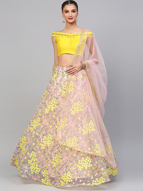 

Inddus Peach-cooloured & Yellow Semi-Stitched Lehenga & Unstitched Blouse with Dupatta, Pink