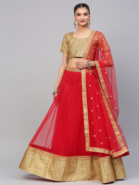 

Inddus Red & Golden Embellished Semi-Stitched Lehenga & Unstitched Blouse with Dupatta
