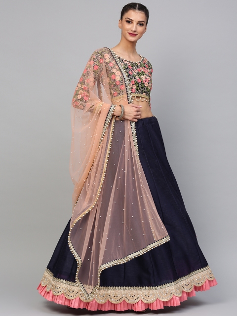 

Inddus Navy Blue & Peach-Coloured Embroidered Semi-Stitched Lehenga & Unstitched Blouse with Dupatta