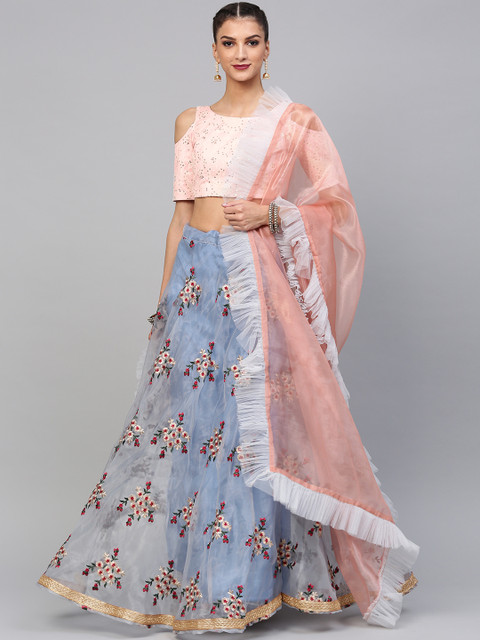 

Inddus Blue & Pink Embroidered Semi-Stitched Lehenga & Unstitched Blouse with Dupatta