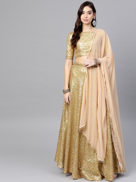 

Inddus Golden Sequinned Semi-Stitched Lehenga & Unstitched Blouse with Dupatta, Gold