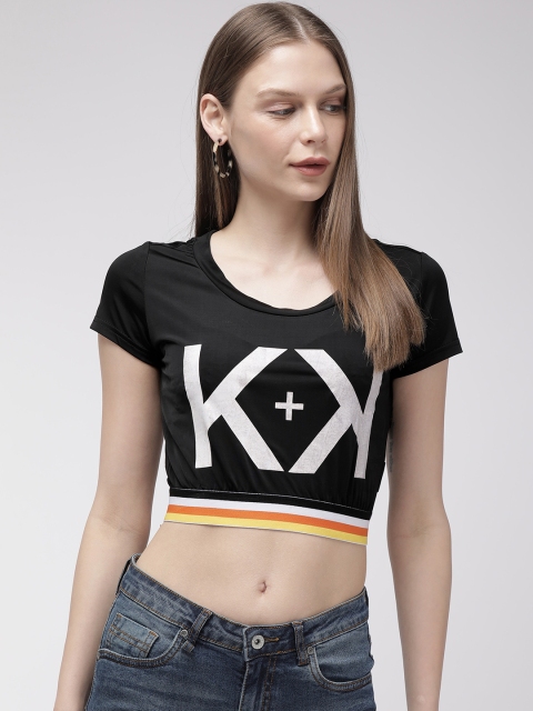 

FOREVER 21 Kendall + Kylie Women Black Printed Round Neck Crop T-shirt