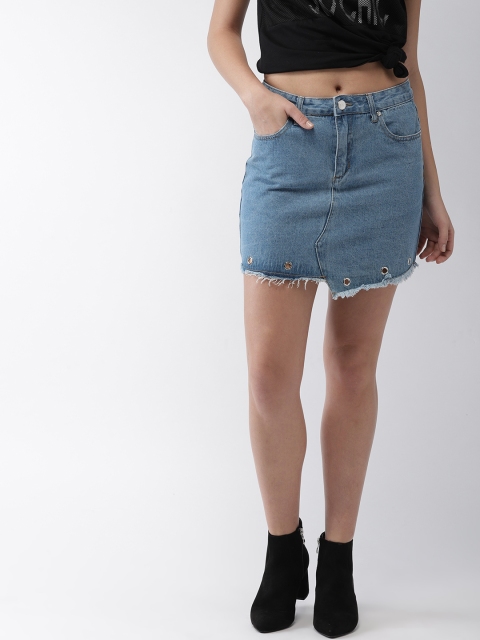 

FOREVER 21 Women Blue Washed Denim Mini Pure Cotton Skirt