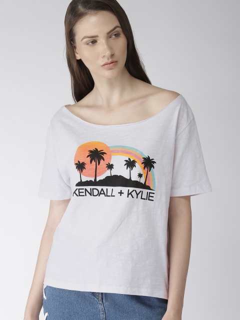 

FOREVER 21 Women White Printed Round Neck Pure Cotton T-shirt