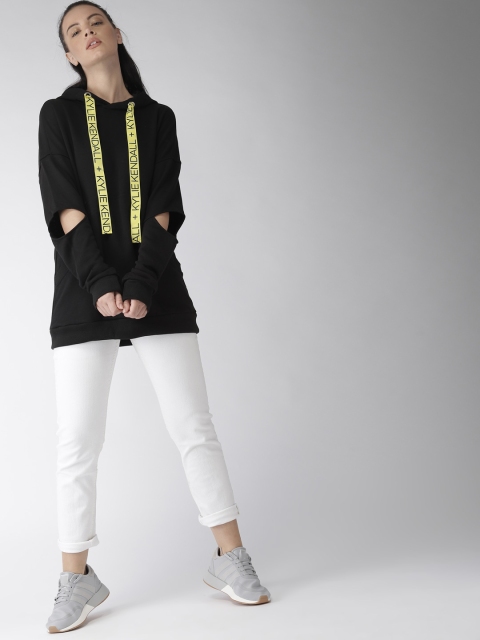 

FOREVER 21 Women Black Printed Hooded Longline Sweatshirt