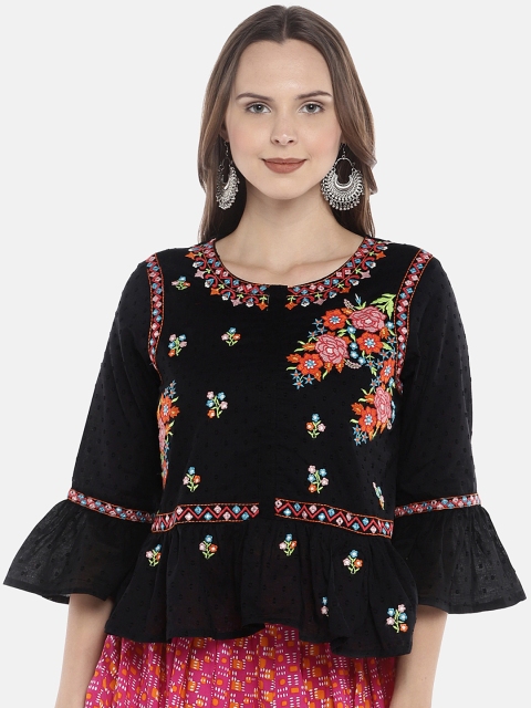 

Ethnicity Women Black Embellished Peplum Pure Cotton Top