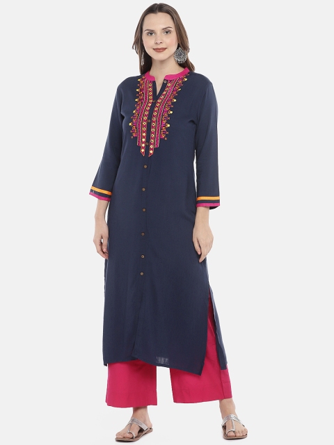 

Ethnicity Women Navy Blue Solid Straight Kurta