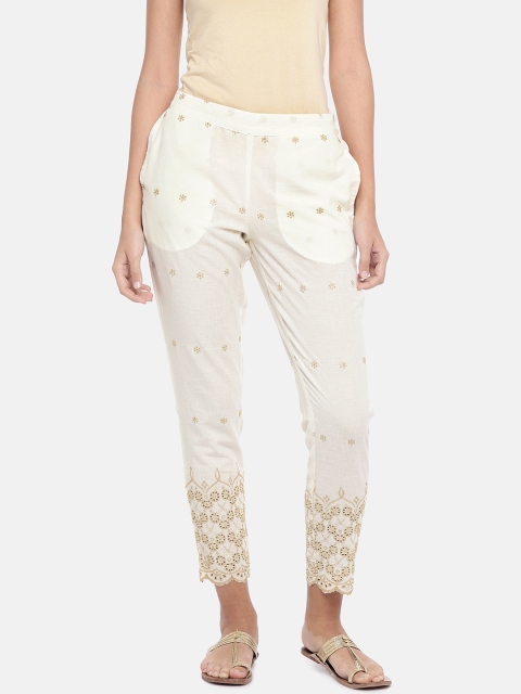 

Ethnicity Women Off-White Regular Fit Printed Regular Trousers