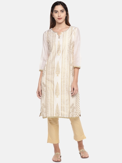 

Ethnicity Women Off-White Printed Straight Kurta