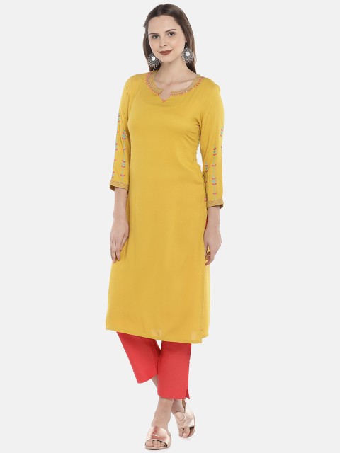 

Ethnicity Women Mustard Yellow Yoke Design Straight Kurta