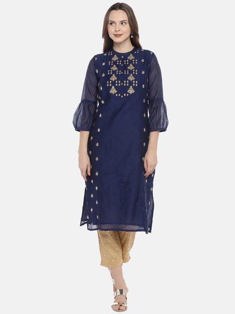 

Ethnicity Women Navy Blue Embellished Straight Silk Kurta