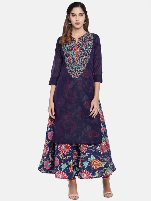 

Ethnicity Women Navy Blue Embroidered Straight Kurta