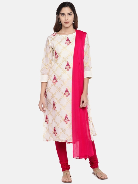 

Ethnicity Women White & Pink Printed Kurta with Churidar & Dupatta