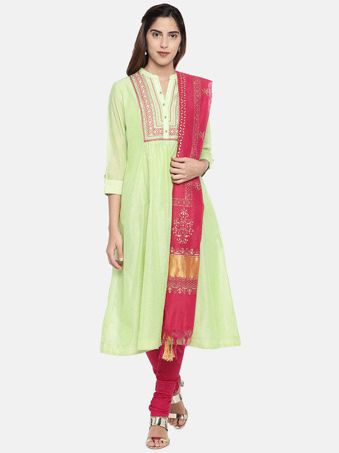 

Ethnicity Women Green Embroidered Kurta with Churidar & Dupatta
