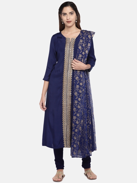 

Ethnicity Women Blue & Embroidered Kurta with Churidar & Dupatta