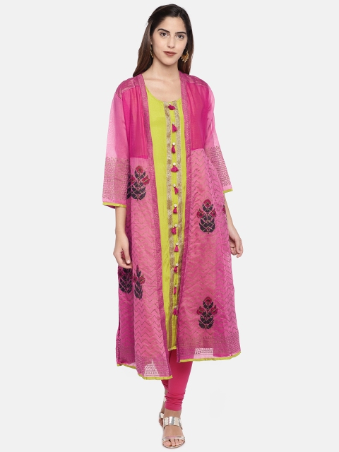 

Ethnicity Women Pink & Yellow Solid Straight Kurta