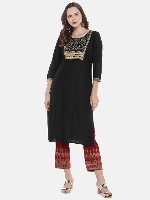 

Ethnicity Women Black Solid Straight Silk Kurta