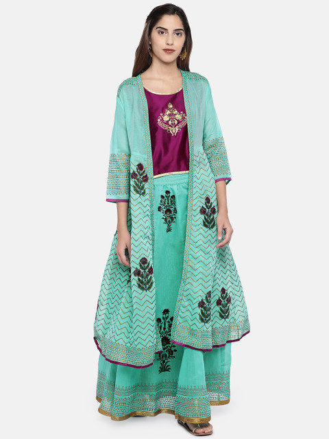 

Ethnicity Women Sea Green & Maroon Printed Top with Skirt