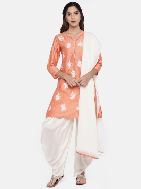 

Ethnicity Women Peach-Coloured & White Embroidered Kurta with Patiala & Dupatta