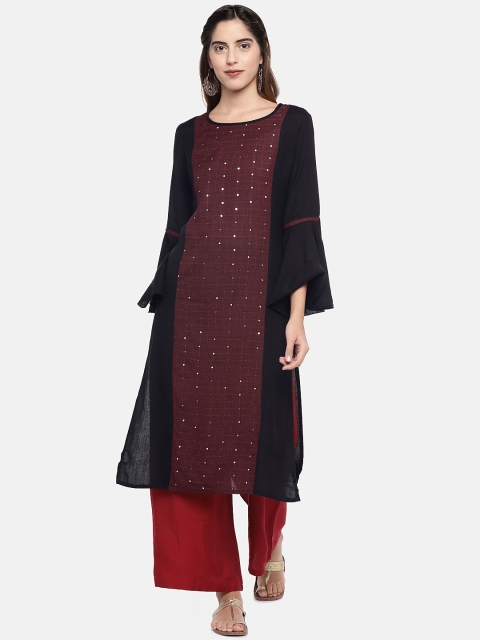 

Ethnicity Women Maroon & Black Embellished Straight Kurta