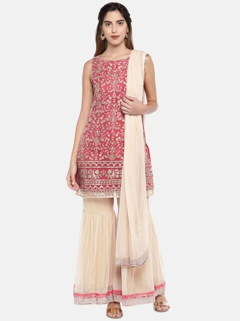 

Ethnicity Women Beige & Maroon Embroidered Kurta with Sharara