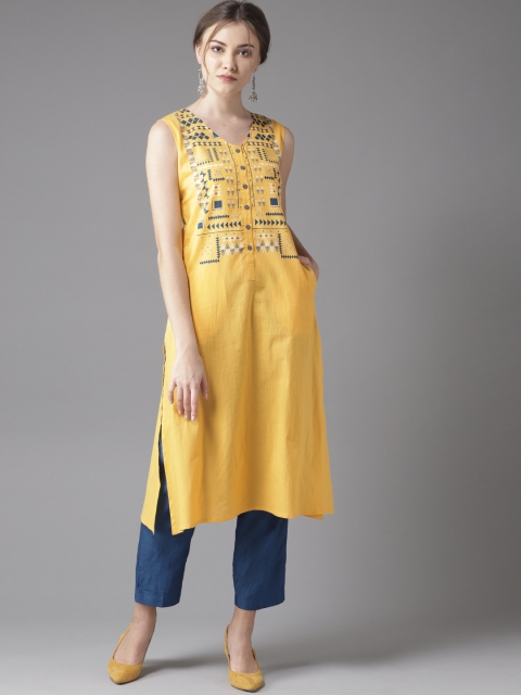 

Moda Rapido Women Mustard Yellow & Navy Blue Yoke Design A-Line Kurta