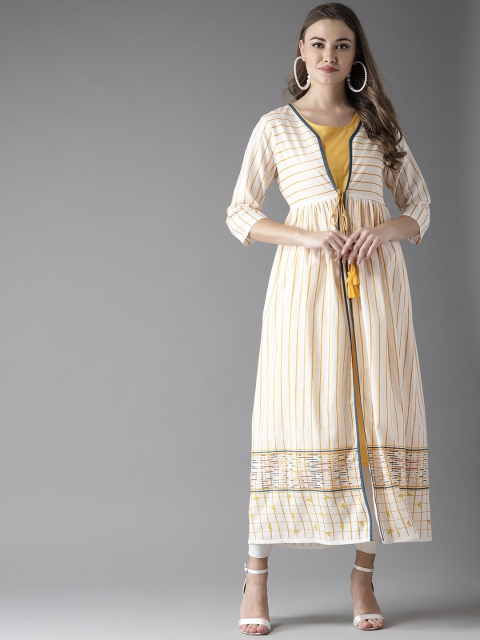

Moda Rapido Women Yellow Solid Straight Kurta with Ethnic Jacket