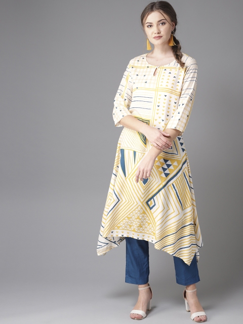 

Moda Rapido Women Off-White & Mustard Yellow Printed Asymmetric A-Line Kurta