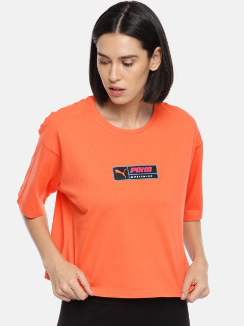 

Puma Women Orange Loose Fit Printed TZ Round Neck Pure Cotton T-shirt