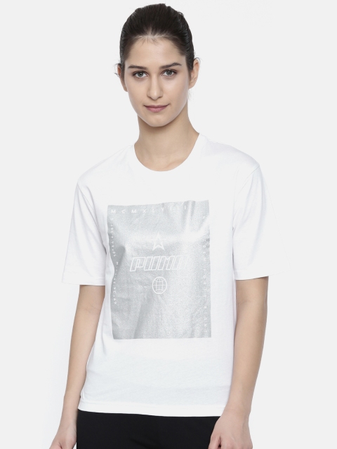 

Puma Women White Printed Relaxed Fit Round Neck TZ T-shirt