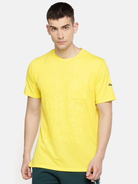 

Puma Men Yellow Self-Design CAUTION Graphic dryCELL Round Neck T-shirt